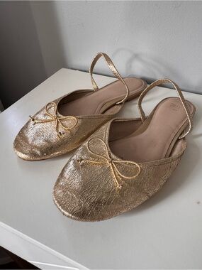 Zara Gold Metallic Slingback Ballet Flats with Bow Detail